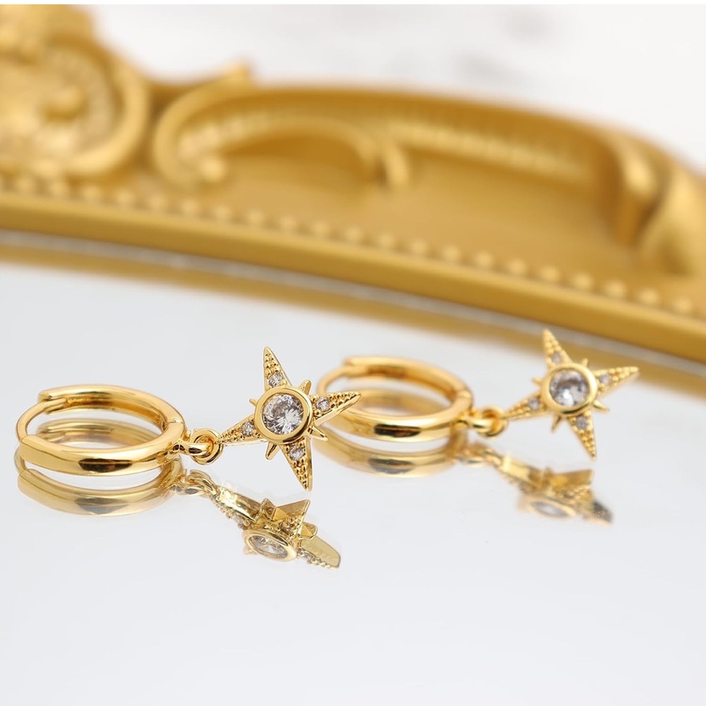 Gold Starburst Drop Hoop Earrings with Crystal Centers